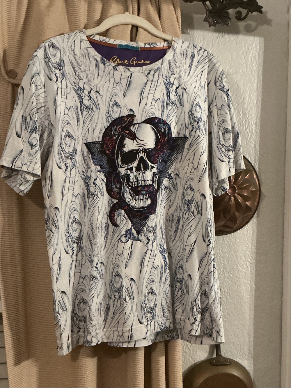 Robert Graham White Tee with Navy and Black Skull & Snake Graphic100%cotton